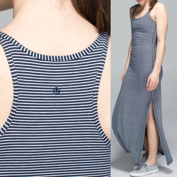 lululemon athletica Dresses & Skirts - Lululemon Refresh Maxi Dress Hyper Stripe Inkwell Long Slit Sundress Racerback M